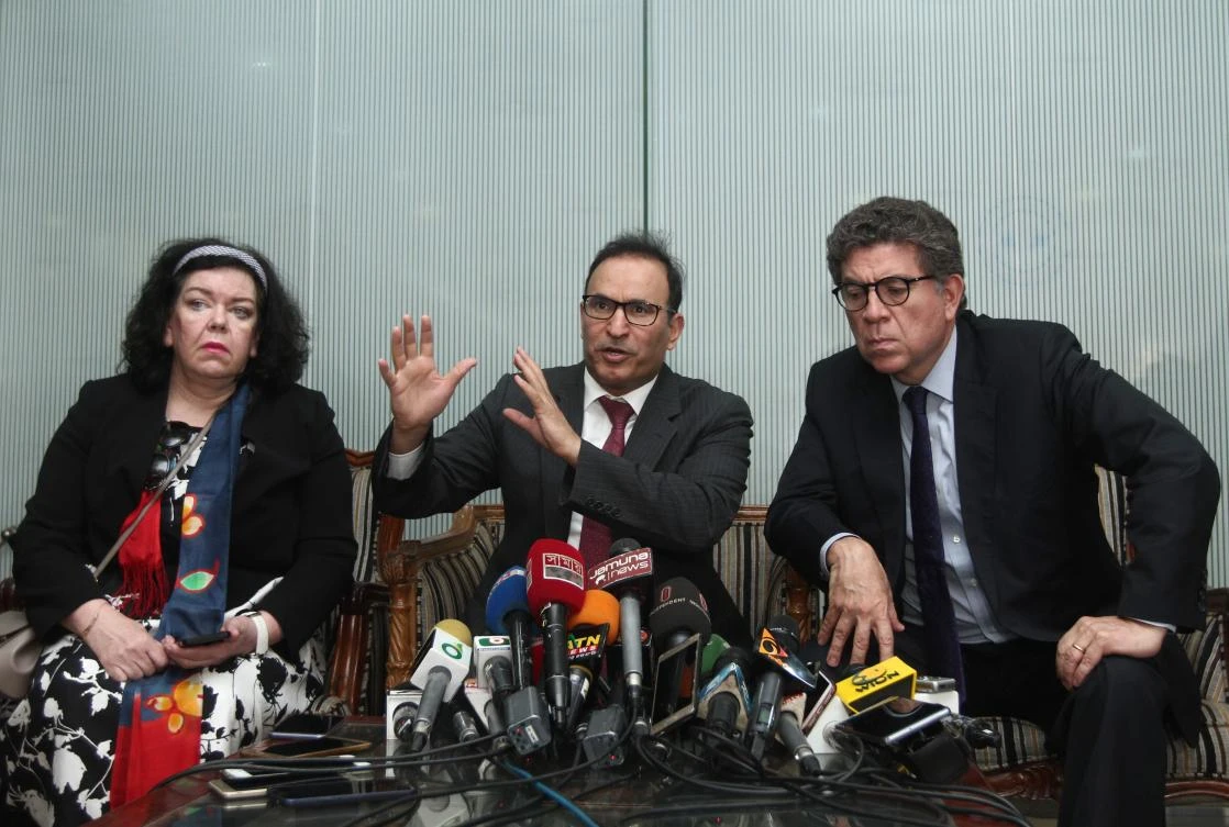 United Nations Security Council member Mansour Ayyad Al Otaibi (C) talks as delegation members Karen Piece (L) and Gustavo Adolfo Meza Cuadra Velasquez look on during a press conference at the Hazrat Shah Jalal International Airport in the Bangladeshi capital Dhaka on April 30, 2018.(AFP)