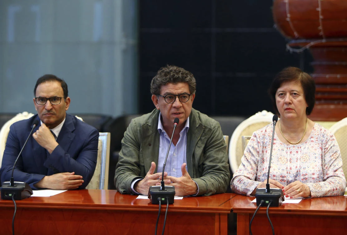 UN Security Council President Gustavo Meza-Cuadra, center, Permanent Representative of Poland to United Nations Joanna Wronecka, right, and Permanent Representative of the State of Kuwait to the United Nations Mansour Al-Otaibi meet the press after a two-day visit to Myanmar. (AP)