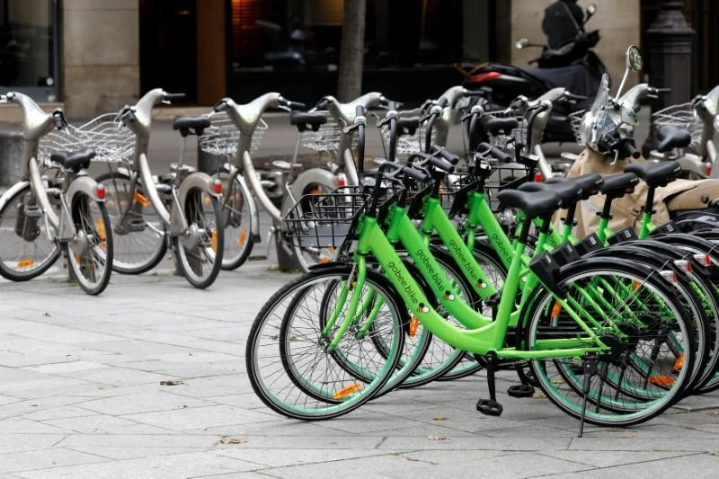 File photo showing ‘rent a bike’ stations on a pavement, as companies compete for the Parisian market. (Reuters)