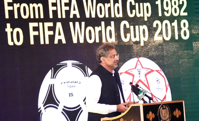 Prime Minister Shahid Khaqan Abbasi addresses the Emerging Pakistan: Celebrating Excellence in Sports Goods event at his office on May 3, 2018 (Photo courtesy: Prime Minister Office)