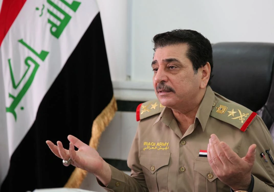 Lt. Gen. Mohammed Al-Askari, the military adviser to the Iraqi Ministry of Defense, talks to AFP at his office in the Iraqi capital Baghdad. Iraqi warplanes carried out a raid earlier in the day, targeting Daesh group commanders in eastern Syria. (AFP)