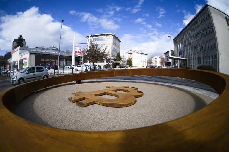 This photo taken on March 14, 2018 shows the world’s first Blockchain Monument that underpins crypto-currencies, in the city center of Kranj, Slovenia. (AFP)