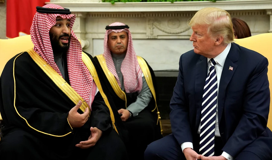 Saudi Arabia's Crown Prince Mohammed bin Salman talks to US President Donald Trump during a trip to the White House in March, 2018. (Reuters)