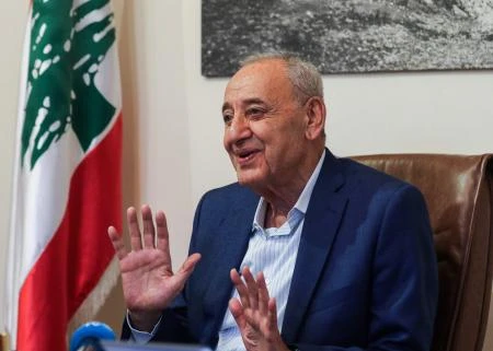 Photo showing longtime Lebanese Parliament Speaker Nabih Berri gives an interview with AFP in his home on Msaileh, south of the southern port city of Sidon, Lebanon, May 8, 2018. (AFP)