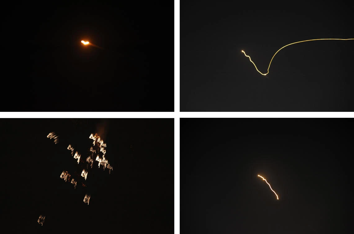 An combo of images released by the Syrian Arab News Agency (SANA) early on May 10, 2018 purportedly shows what the official news agency said was air defense systems intercepting Israeli missiles over Syrian airspace, without specifying the location. (SANA / AFP)