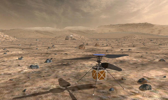 Shown in this illustration is NASA's Mars Helicopter, a small, autonomous rotorcraft, that is envisioned to travel with the agency’s Mars 2020 rover mission, to demonstrate the viability and potential of heavier-than-air vehicles on the Red Planet. (NASA/JPL-CALTECH handout via AFP)