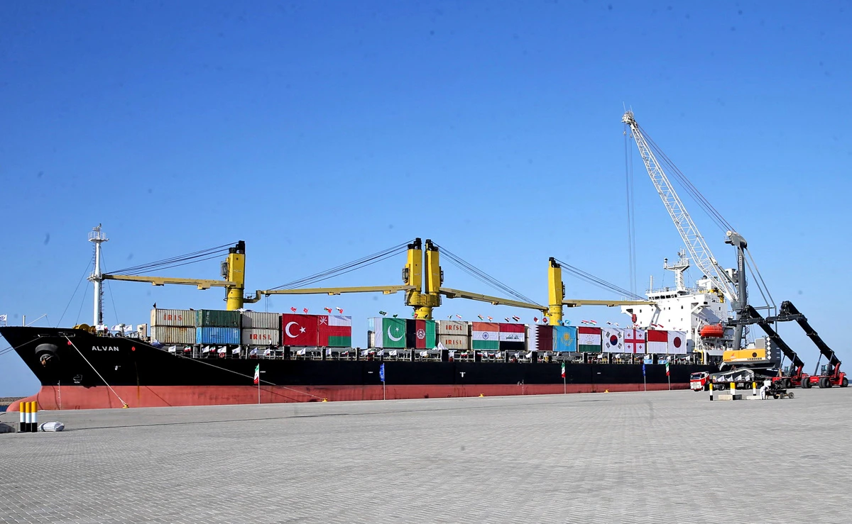 This handout file photo shows a general view of a ship bearing various flags parked at Chabahar Port. (AFP)