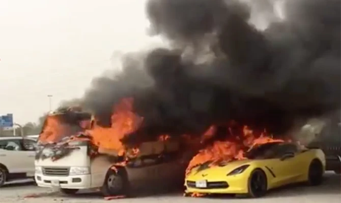 Cars are ablaze outside a Dubai mall in this image shared on social media on Saturday.