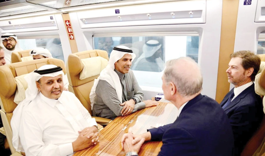 Saudi Transport Minister Nabeel Al-Amoudi with Spanish Ambassador Alvaro Iranzo in the Haramain high-speed train. (SPA/File)