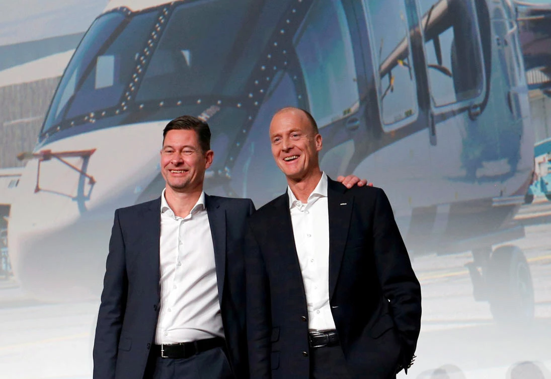 Airbus Chief Executive Tom Enders, right and Chief Financial Officer Harald Wilhelm are leaving the European planemaker amid declining orders for some of its aircraft. (Reuters)