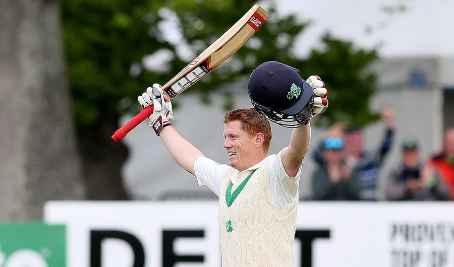 Ireland’s Kevin O’Brien celebrates scoring a century during a Test match against Pakistan at The Village, Malahide, Ireland on May 14, 2018. (REUTERS)