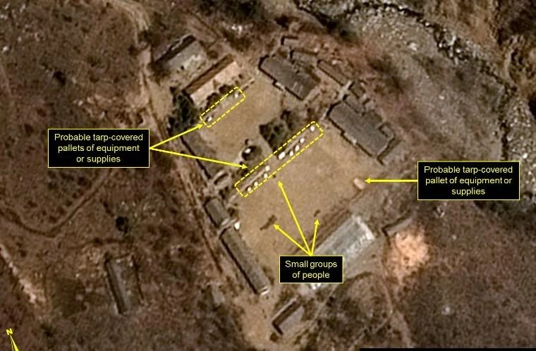 Punggye-ri, in the northeast of the country, has been the site of all six of the North Korea’s nuclear tests. Above, A 2017 satellite image from French space agency Centre National d’Etudes Spatiales, Airbus Defense and Space and the 38 North analysis group, shows the nuclear test site with probable tarp-covered pallets and personnel in the main administrative area. (Airbus Defense & Space and 38 North / CNES / AFP)