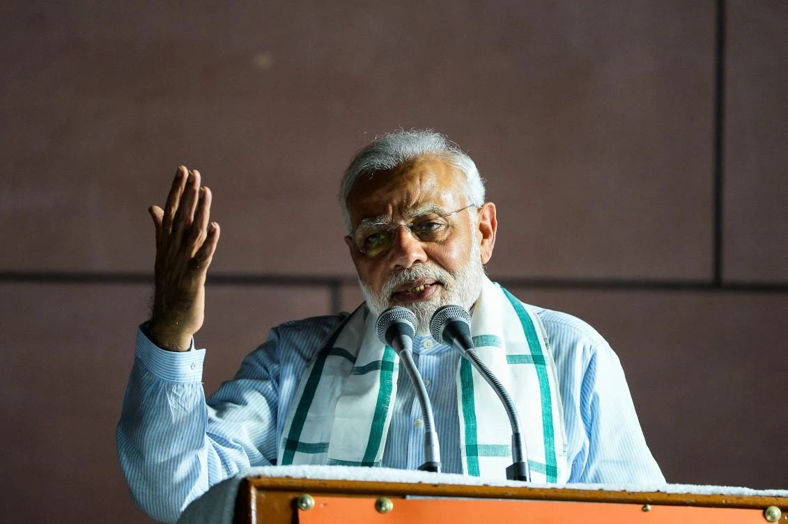Indian Prime Minister Narendra Modi addresses party supporters during a celebration event in New Delhi on Tuesday, May 15. (AFP)