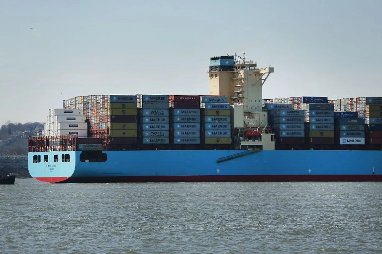 A cargo ship owned by Maersk arrives into New York harbor on April 9, 2018 in New York City. (AFP)