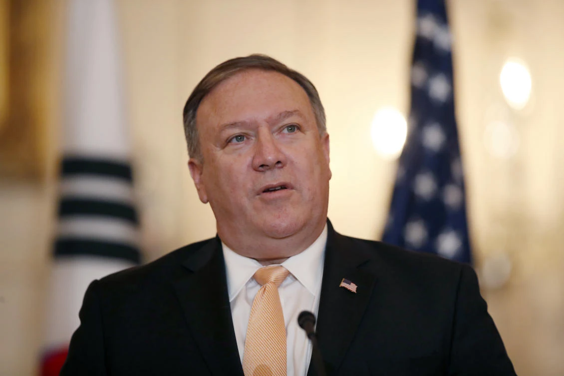 In this May 11, 2018 photo, Secretary of State Mike Pompeo speaks during a media availability with South Korean Foreign Minister Kang Kyung-wha at the State Department in Washington. (AP)
