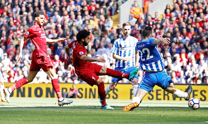 Liverpool's Mohamed Salah scores a goal against Brighton & Hove Albion on May 13, 2018. (REUTERS/Phil Noble)