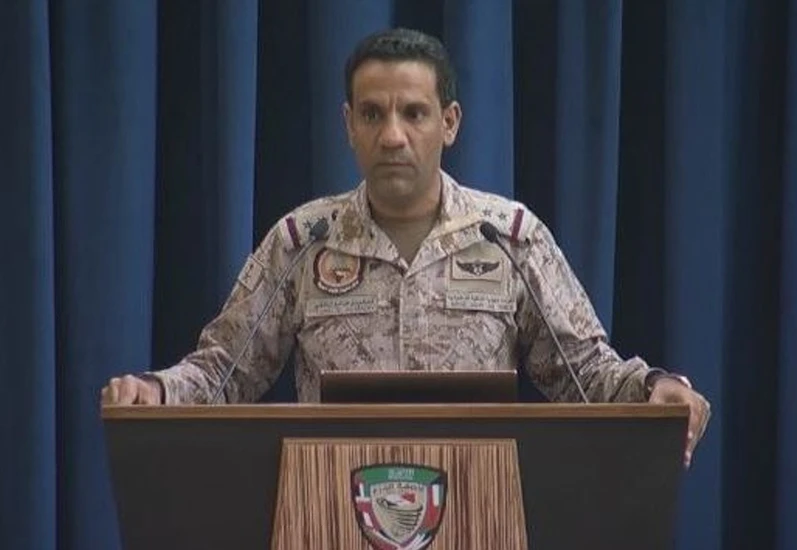Saudi-led Coaltion spokesperson Col. Turki Al-Maliki said during a press conference on Monday that a Turkish ship carrying wheat was attacked by a Houthi missile. (Screenshot from Al-Arabiya feed)