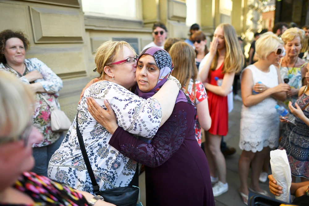 Women express their solidarity in Manchester a few days after last year’s terrorist attack. (AFP file)