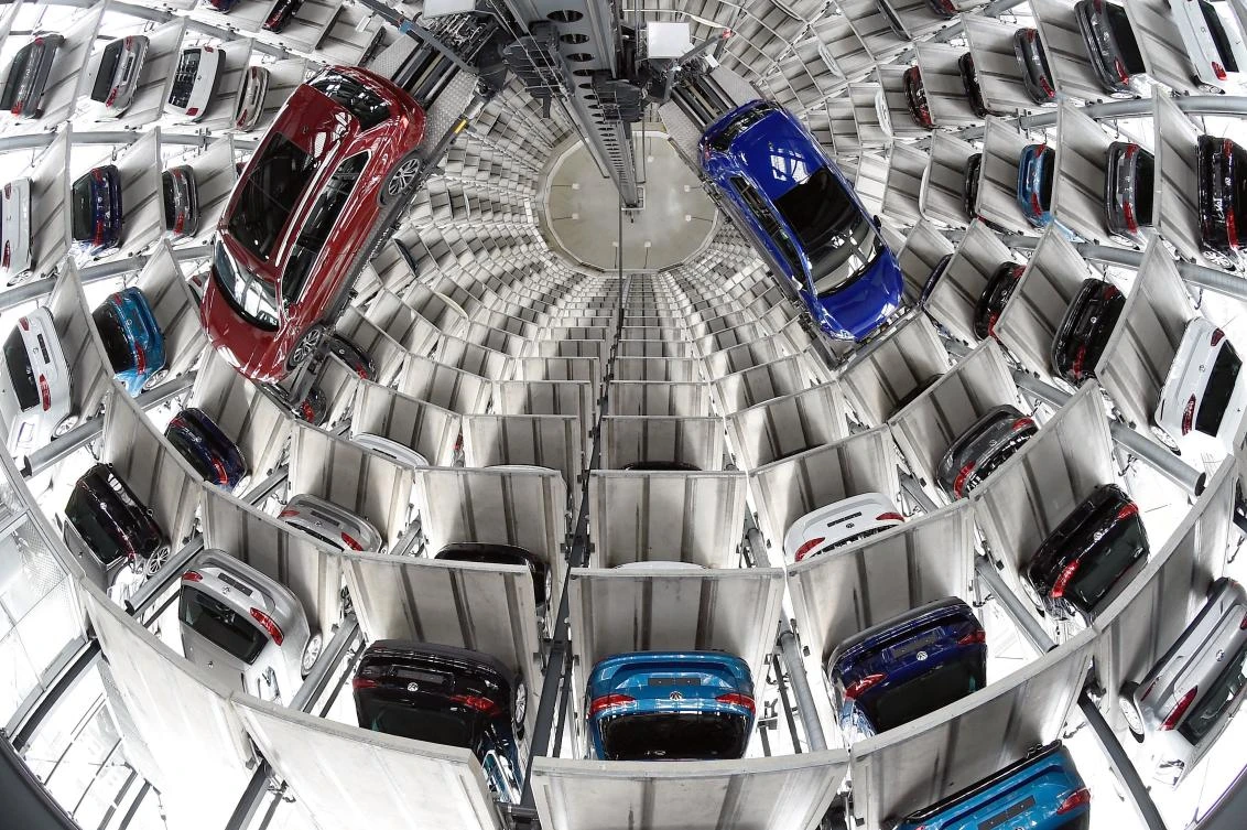 VW Golfs are loaded in a delivery tower at the plant of German carmaker Volkswagen in Germany. (Reuters)