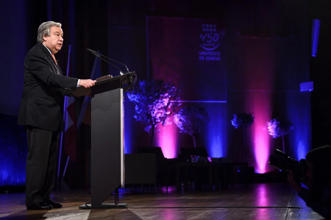 Photo showing United Nations Secretary-General Antonio Guterres during a conference at the University of Geneva (AFP)