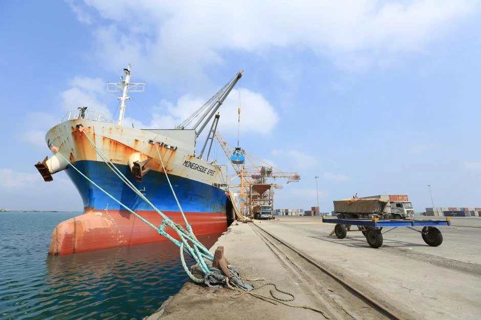 A ship unloads a cargo of wheat at the port of Hodeida, Yemen, in this file photo. (Reuters)