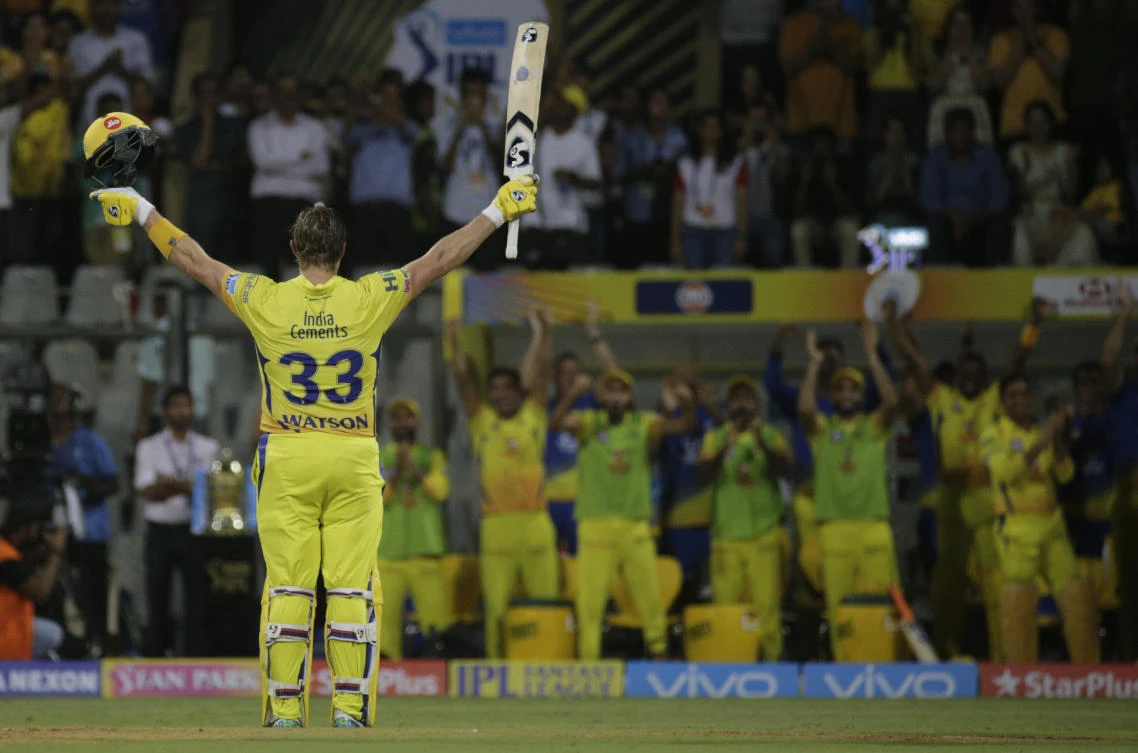 Shane Watson celebrates after scoring a century against Sunrisers Hyderabad during the IPL final (AP)