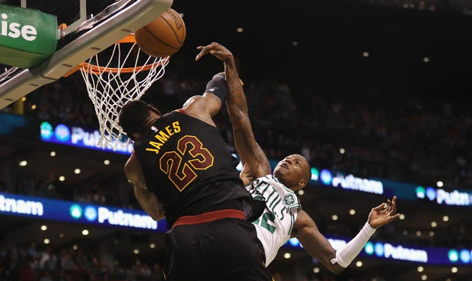 LeBron James of the Cleveland Cavaliers blocks a dunk by Terry Rozier of the Boston Celtics during Game Seven of the 2018 NBA Eastern Conference Finals at TD Garden on May 27, 2018 in Boston, Massachusetts. (Maddie Meyer/Getty Images/AFP)