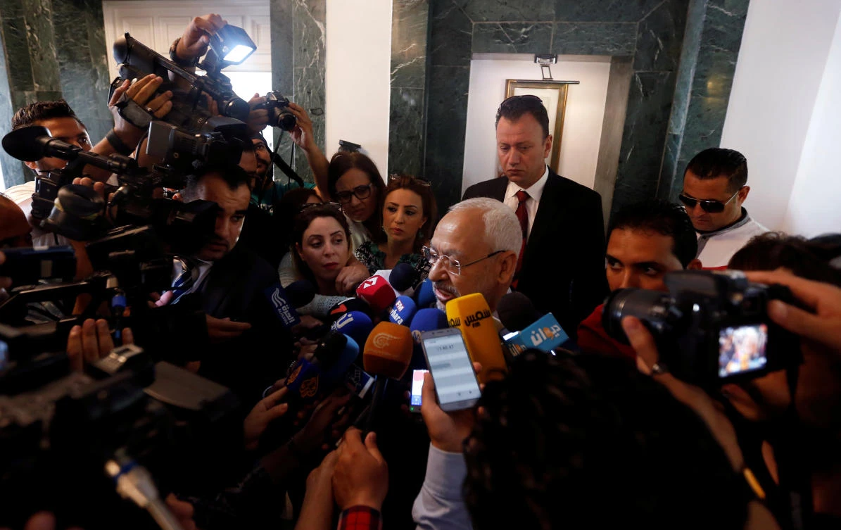 Rached Ghannouchi, head of the Ennahda party speaks to journalists in Tunis, Tunisia, May 28, 2018. (Reuters)