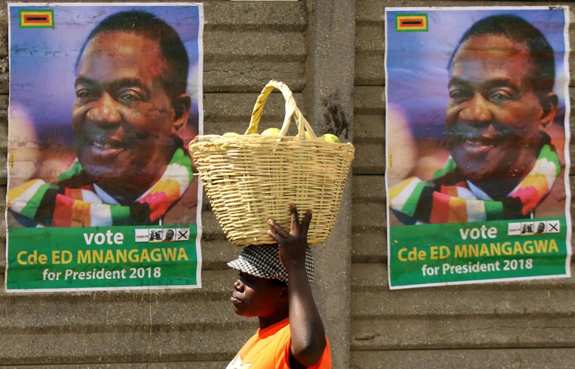 A street vendor carries fruit outside an election rally of President Emmerson Mnangagwa's ruling ZANU PF party in Mutare, Zimbabwe, May 19, 2018. (REUTERS/Philimon Bulawayo/File Photo)