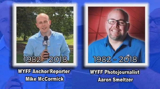 WYFF News anchor Mike McCormick and photojournalist Aaron Smeltzer of the NBC affiliate in Greenville, South Carolina, died after the tree hit their sport utility vehicle on a highway. (Courtesy WYFF)