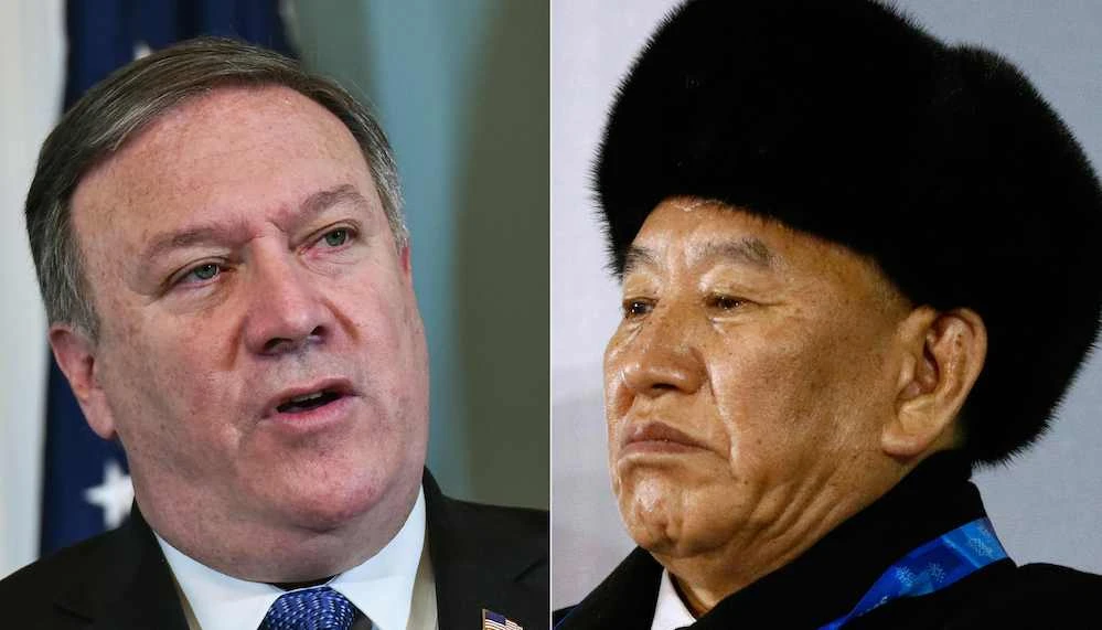 File photo showing Mike Pompeo US State Department Secretary and Kim Yong Chol, vice chairman of North Korea’s ruling Workers’ Party Central Committee due to hold talks in the US in preparation for North Korea-US summit in June. (AFP)