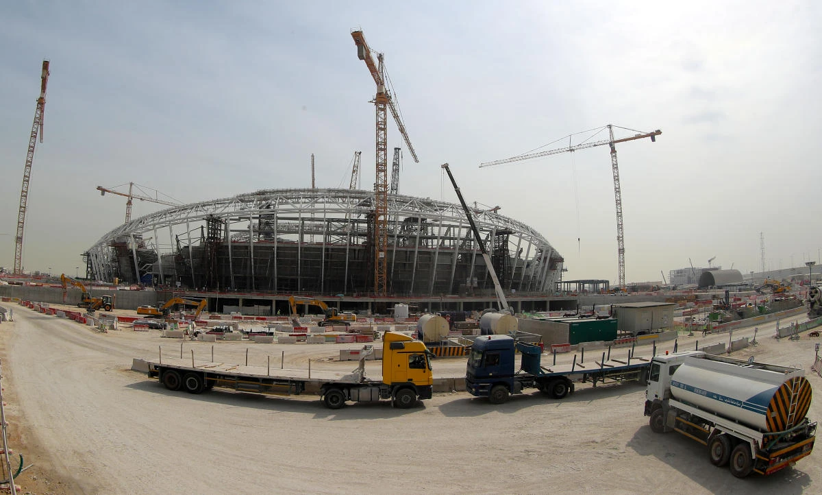 A general view taken with a fisheye lens on February 6, 2018, shows construction work at the Al-Wakrah Stadium, a World Cup venue designed by celebrated Iraqi-British architect Zaha Hadid, some 15 kilometres on the outskirts of the Qatari capital Doha. (AFP)