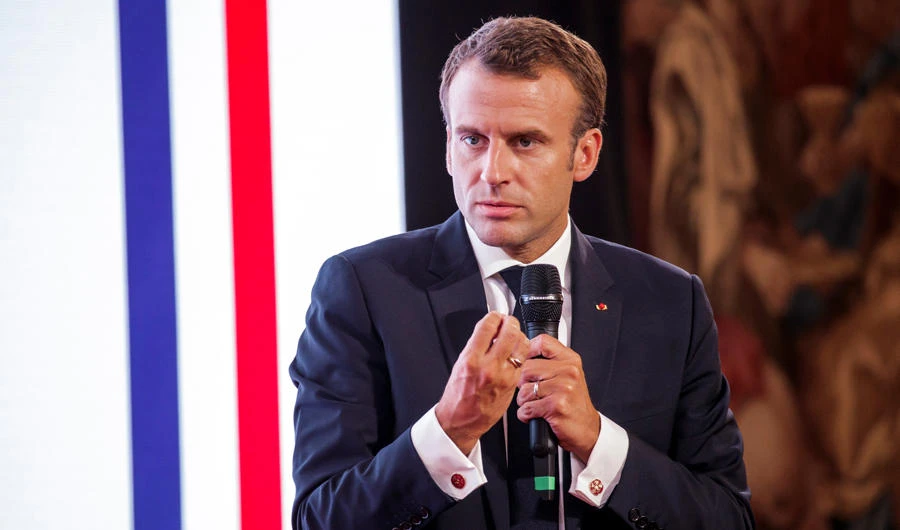 French President Emmanuel Macron speaks at a conference at the Elysee Palace in Paris on May 31, 2018. (Christophe Petit Tesson/Pool via Reuters)