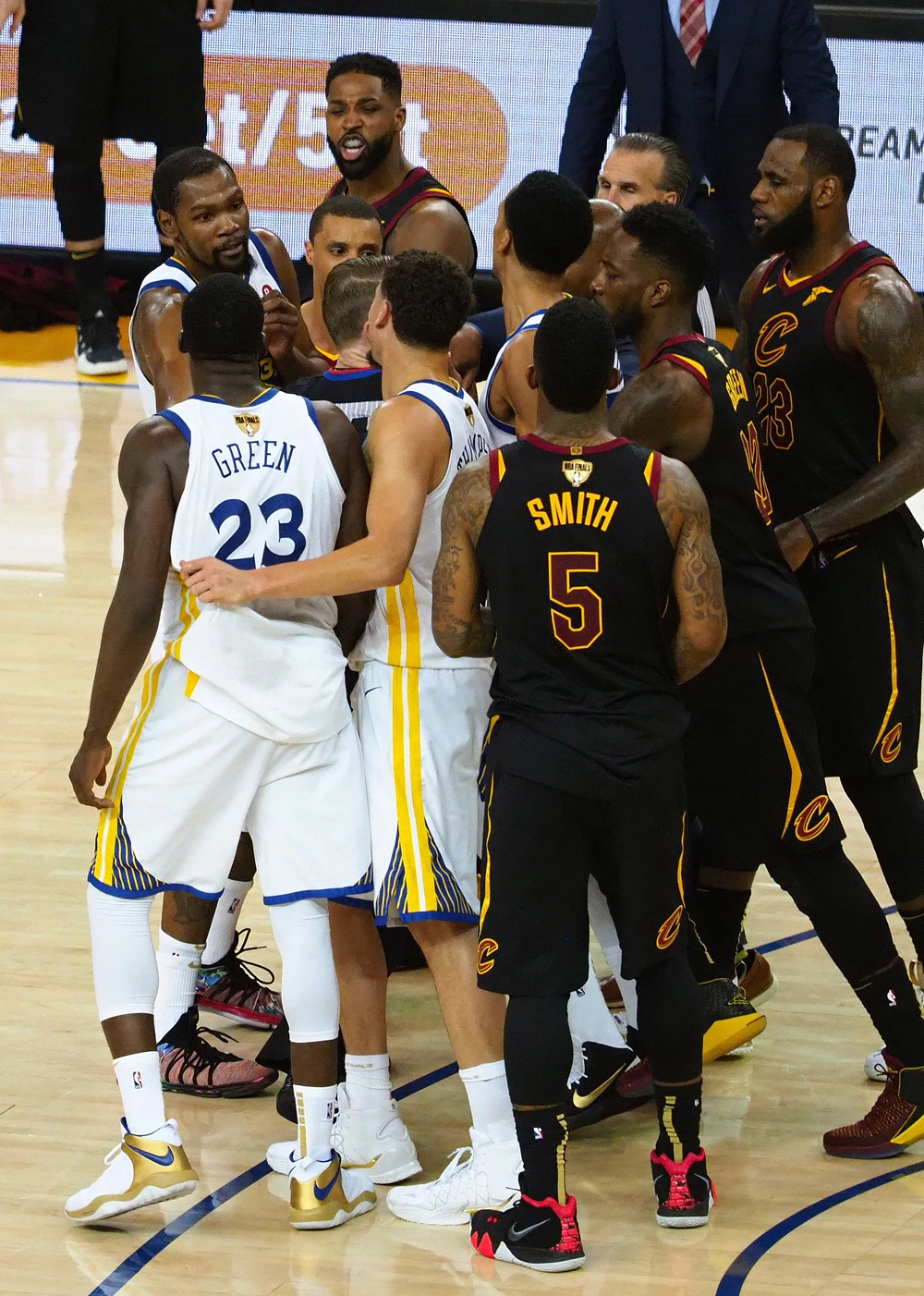 Cleveland Cavaliers center Tristan Thompson (13) is involved in an altercation with Golden State Warriors forward Draymond Green (23) during overtime in game one of the 2018 NBA Finals at Oracle Arena.(Kelley L Cox-USA TODAY Sports)