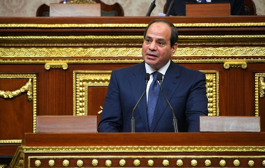 Egyptian President Abdel Fattah al-Sisi giving a speech during his swearing in ceremony for a second four-year term in office. (AFP)