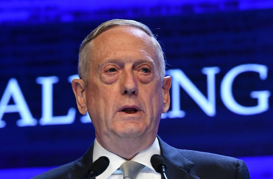 US Defence Secretary James Mattis delivers his speech during the first plenary session of the 17th Asian Security Summit of the IISS ShangriLa Dialogue in Singapore on June 2, 2018. (AFP)
