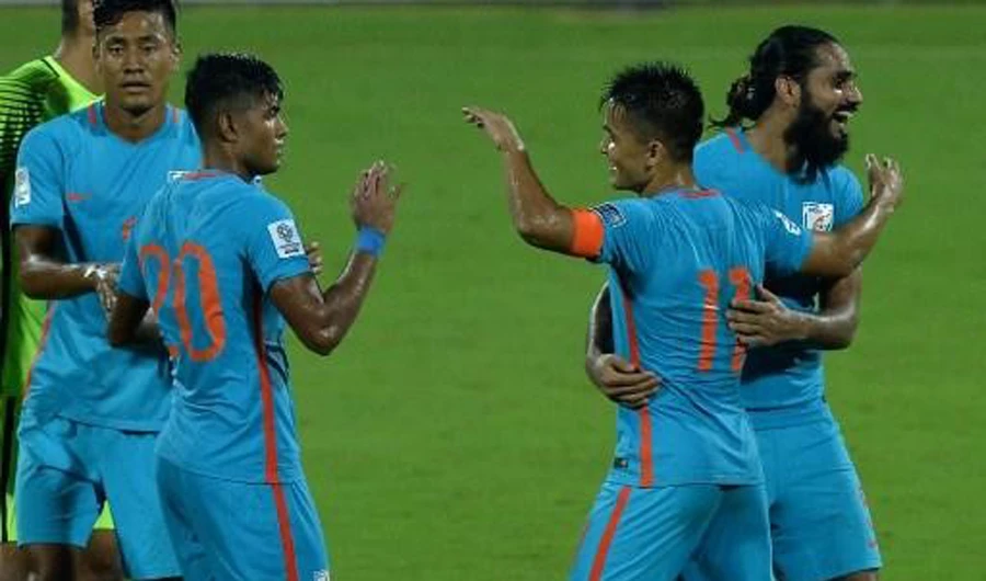 Indian football team captain Sunil Chhetri (2R) will win his 100th cap against Kenya. (AFP)