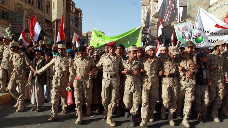 File photo showing Iran backed Houthi militia parading in the Yemeni capital Sanaa. (Reuters)