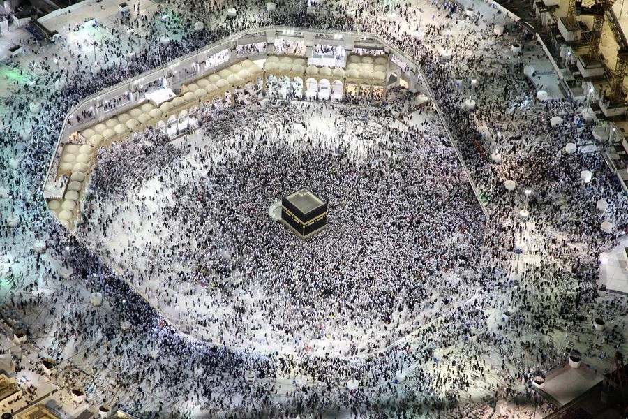 An aerial view shows Muslim pilgrims circumambulating the Kaaba, Islam's holiest shrine, at the Grand Mosque in Saudi Arabia's holy city of Makkah. (AFP)