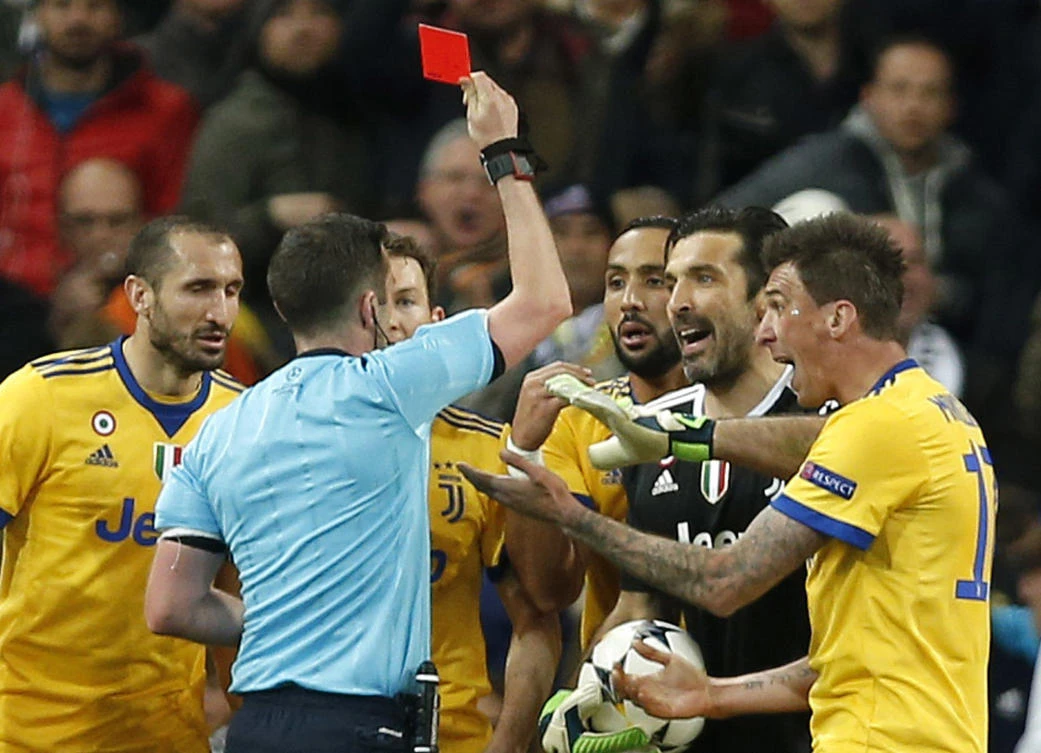 Buffon was sent off by referee Michael Oliver during the Champions League quarter-final second leg match between Real Madrid and Juventus at the Santiago Bernabeu stadium. (AP)