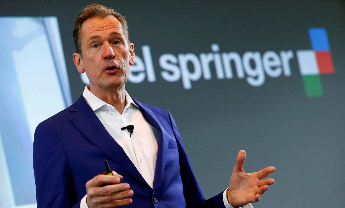 File photo showing Mathias Doepfner, CEO of Axel Springer, delivers a speech at the German publishing company’s annual news conference in Berlin, Germany, March 8, 2018. (Reuters)