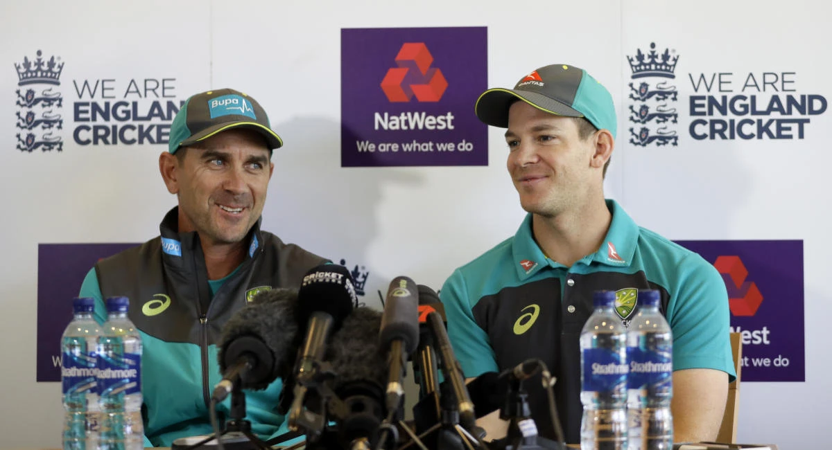 Australia cricket team head coach Justin Langer, left, and captain Tim Paine during a press conference at Lord’s Cricket Ground in London, ahead of the Royal London ODI series against England. (AP Photo)