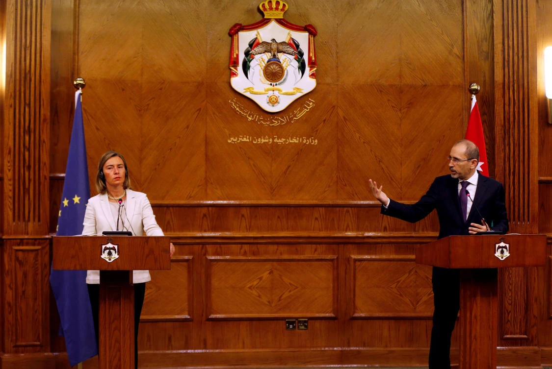 Jordanian Foreign Minister Ayman Safadi speaks during a news conference with EU High Representative for Foreign Affairs Federica Mogherini in Amman, Jordan, June 10, 2018. (Reuters)