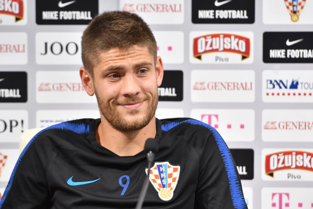Croatia's forward Andrej Kramaric holds a press conference at an advert-studded Roshchino Arena near Saint Petersburg on June 11, 2018, ahead of the Russia 2018 World Cup football tournament. (AFP / GIUSEPPE CACACE)