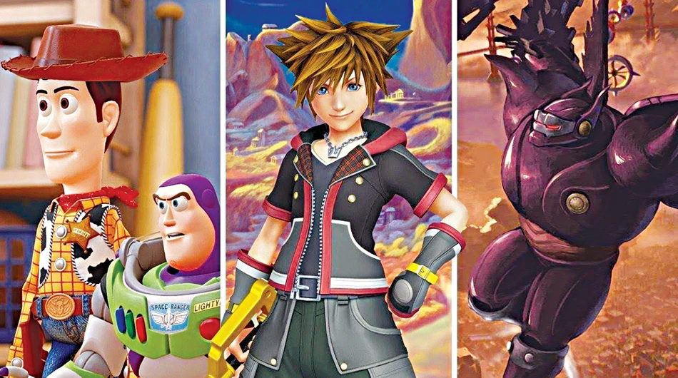 Sora (left), Donald, and Goofy venture through Disney -themed worlds in Kingdom Hearts 3