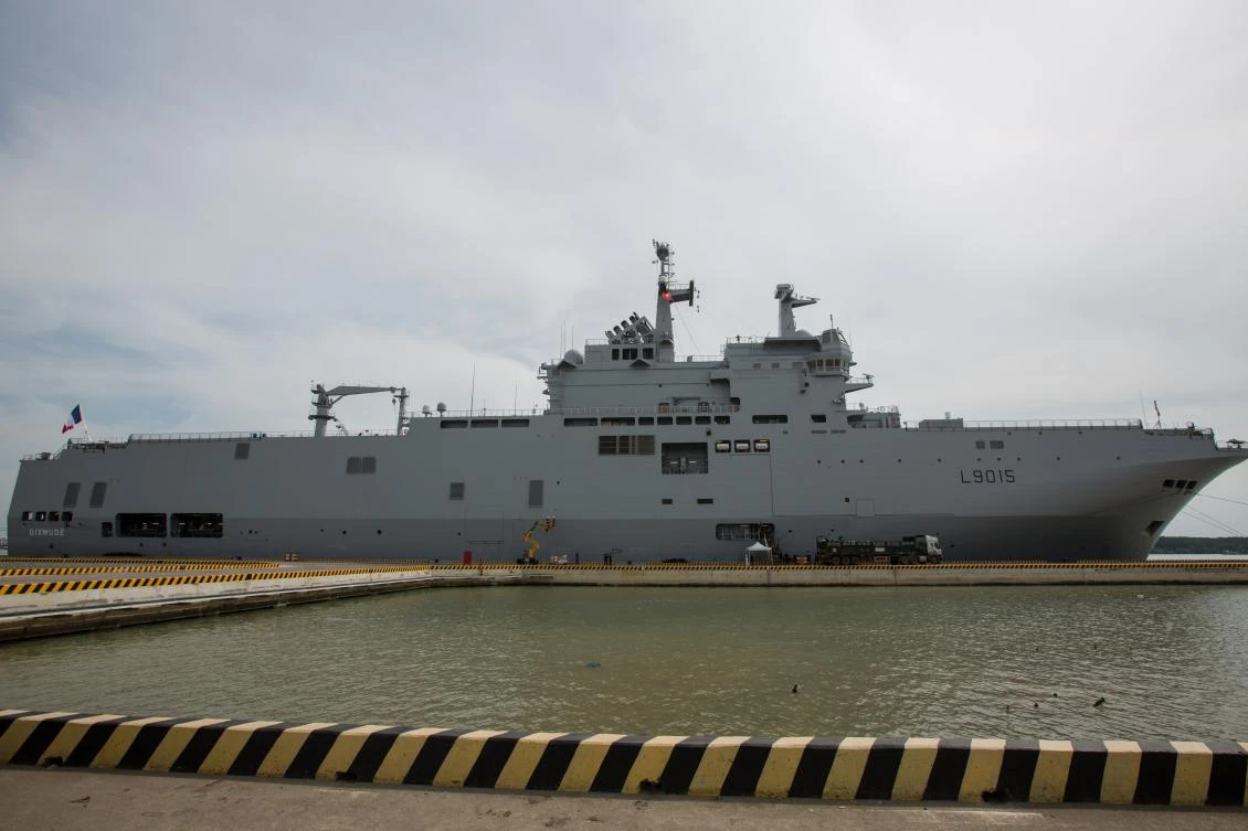The French assault ship Dixmude, above, and a frigate last month sailed through the disputed Spratly Islands and around a group of reefs that China has turned into islets to push back against Beijing’s claim to most of South China Sea. (AFP)