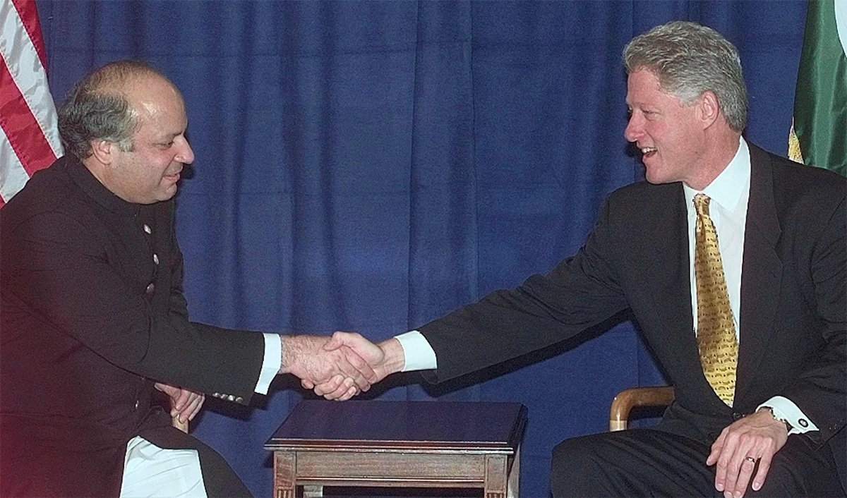 In this file photo, then US President Bill Clinton, right, meets with the Pakistani Prime Minister Nawaz Sharif at the United Nations in New York. (AFP)