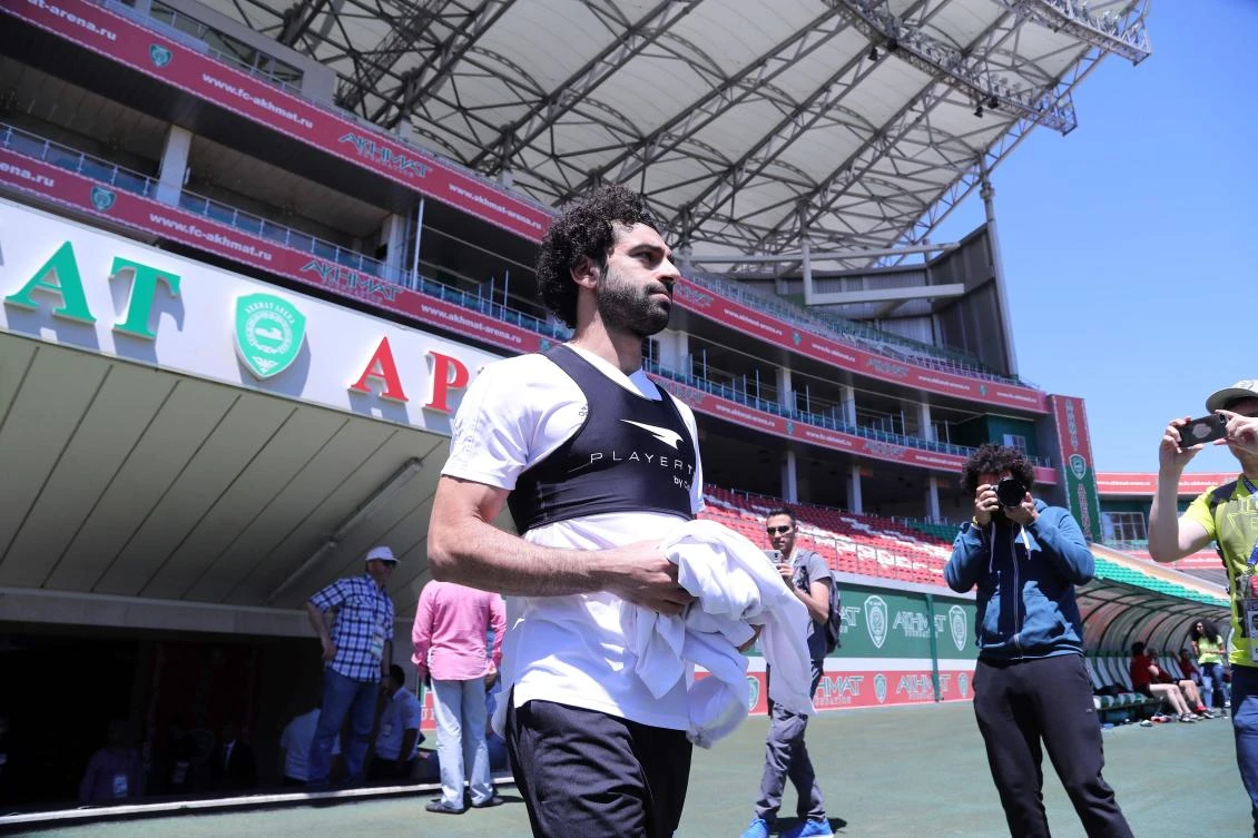 Mohamed Salah took part in training at the Akhmat Arena stadium in Grozny on Wednesday. (AFP)