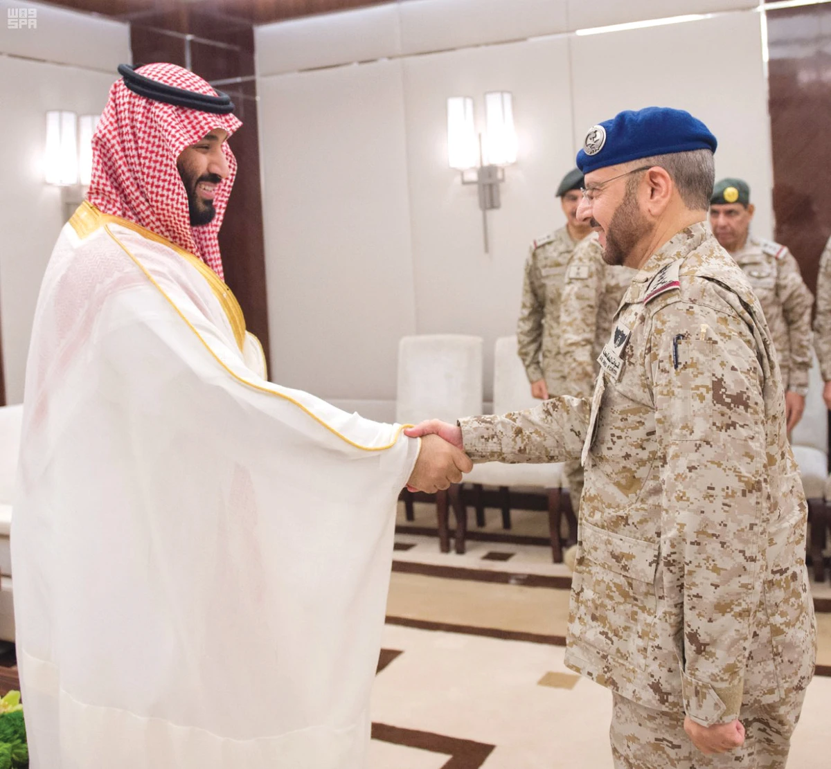 Saudi Arabia’s Crown Prince Mohammed bin Salman receives Eid greetings from senior officials of Defense Ministry in Jeddah on Saturday. (SPA)