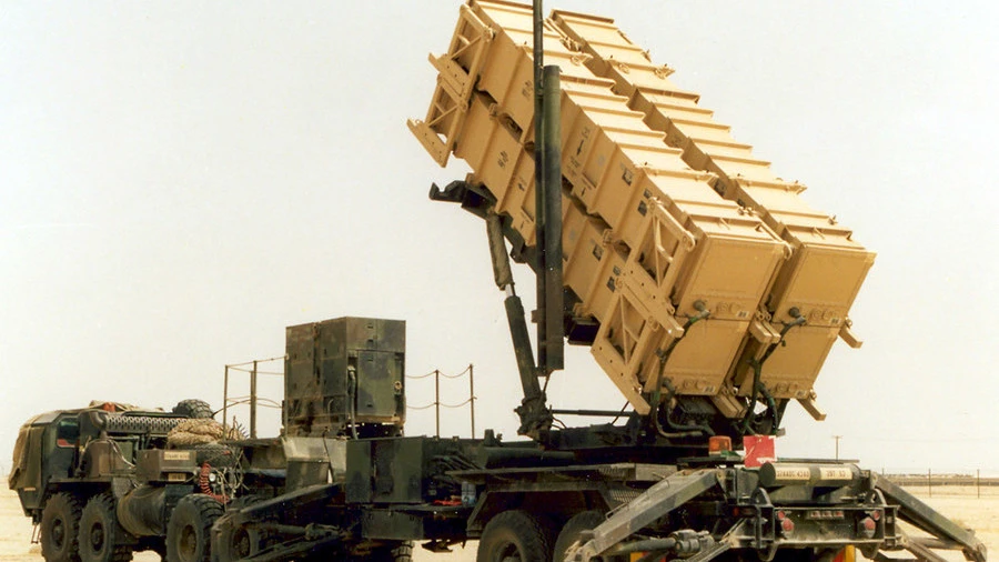 File photo showing a coalition air defense battery shooting a missile to shoot down Houthi missile directed at Jazan. (Reuters)